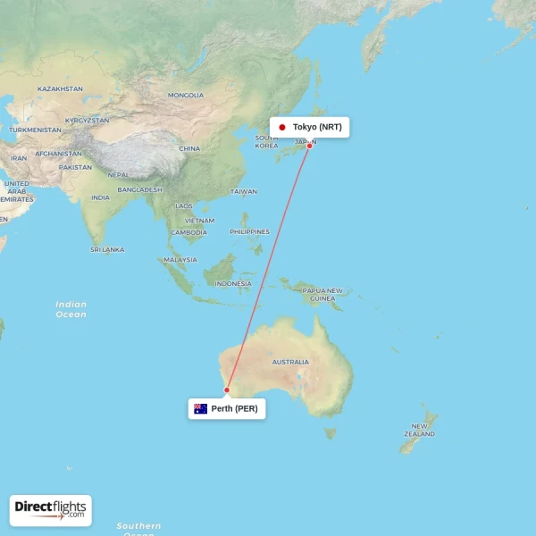 Tokyo - Perth direct flight map