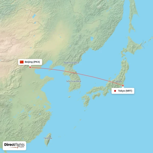 Tokyo - Beijing direct flight map
