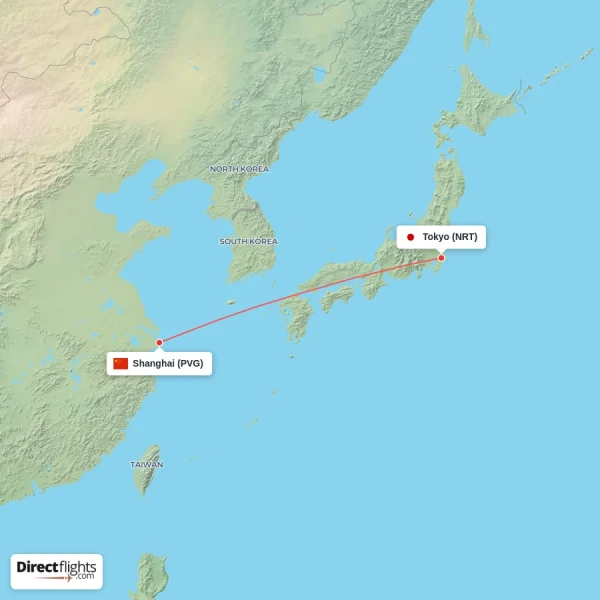 Tokyo - Shanghai direct flight map