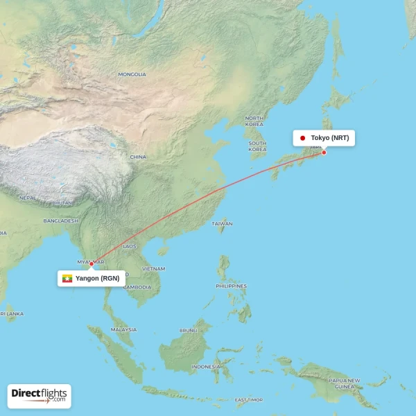 Tokyo - Yangon direct flight map