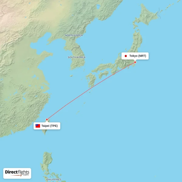 Tokyo - Taipei direct flight map