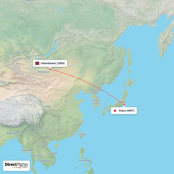 Tokyo - Ulaanbaatar direct flight map