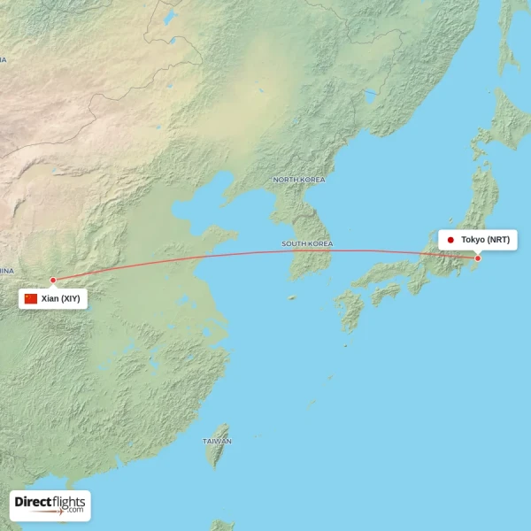 Tokyo - Xian direct flight map