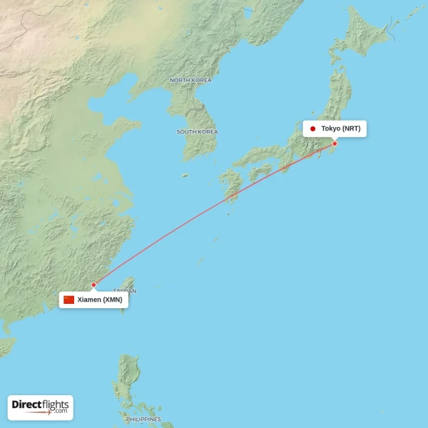 Tokyo - Xiamen direct flight map