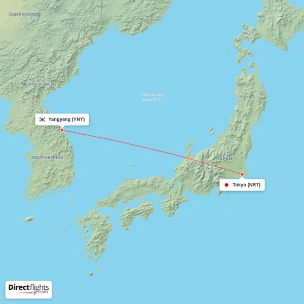Tokyo - Yangyang direct flight map