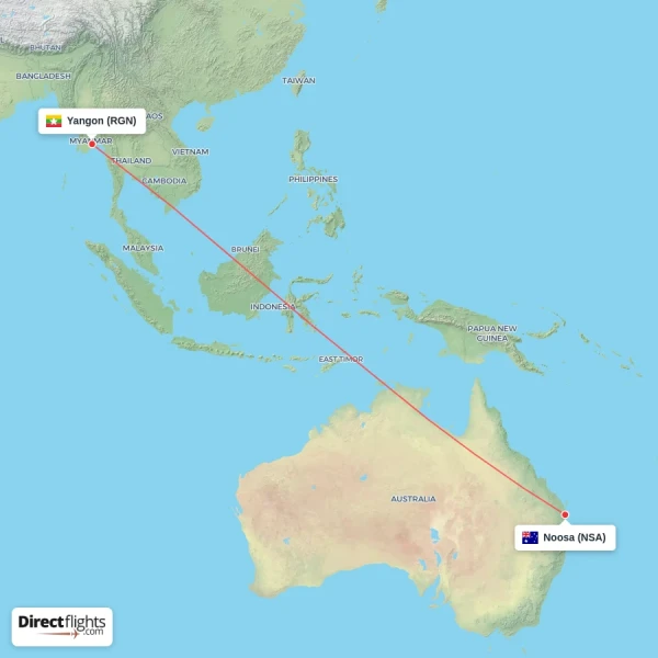 Noosa - Yangon direct flight map