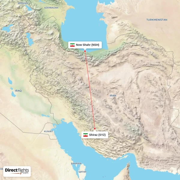 Now Shahr - Shiraz direct flight map