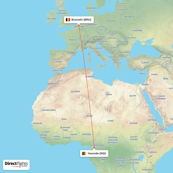 Yaounde - Brussels direct flight map