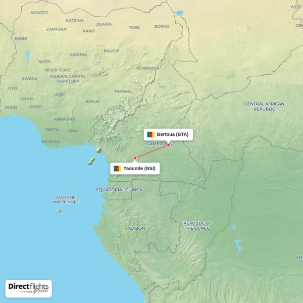 Yaounde - Bertoua direct flight map