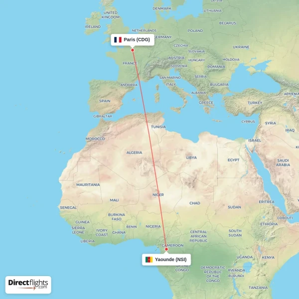Yaounde - Paris direct flight map