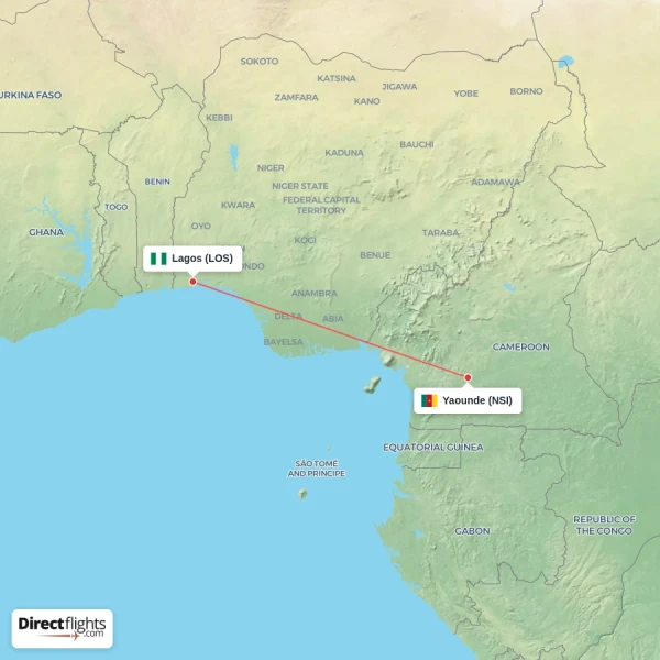 Yaounde - Lagos direct flight map