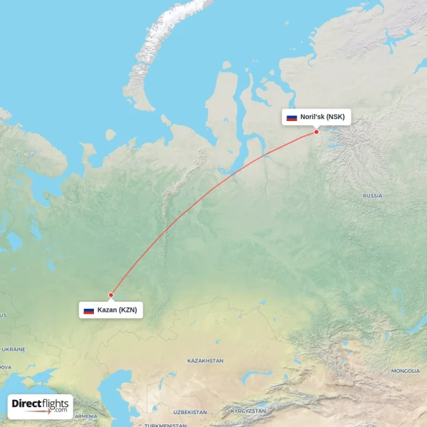 Noril'sk - Kazan direct flight map