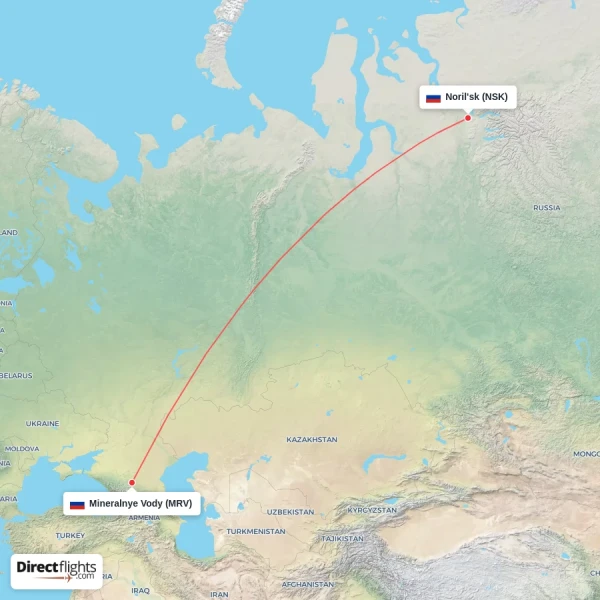 Noril'sk - Mineralnye Vody direct flight map