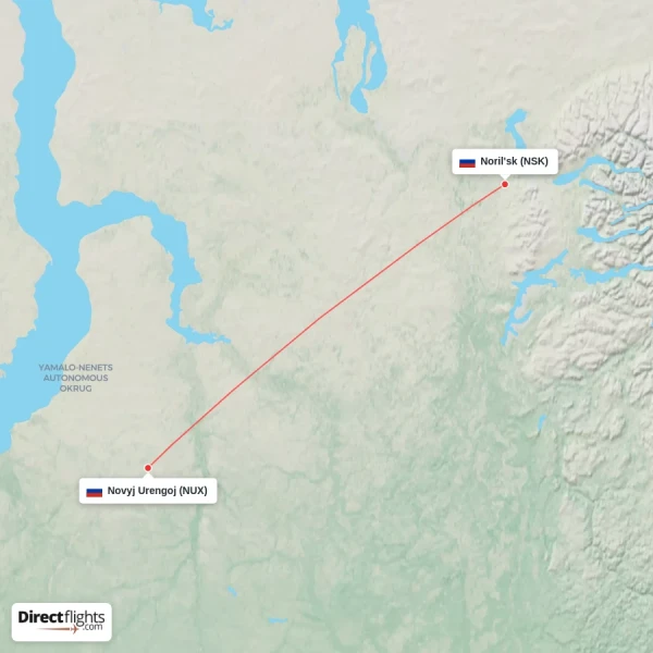 Noril'sk - Novyj Urengoj direct flight map