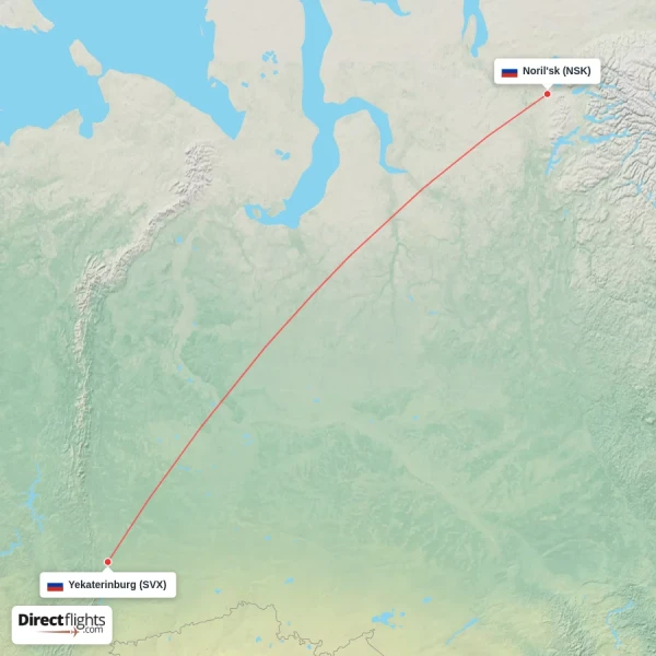 Noril'sk - Yekaterinburg direct flight map
