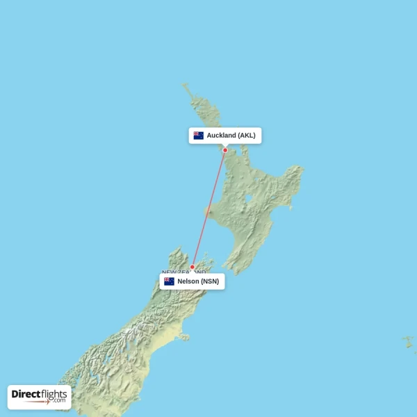 Nelson - Auckland direct flight map