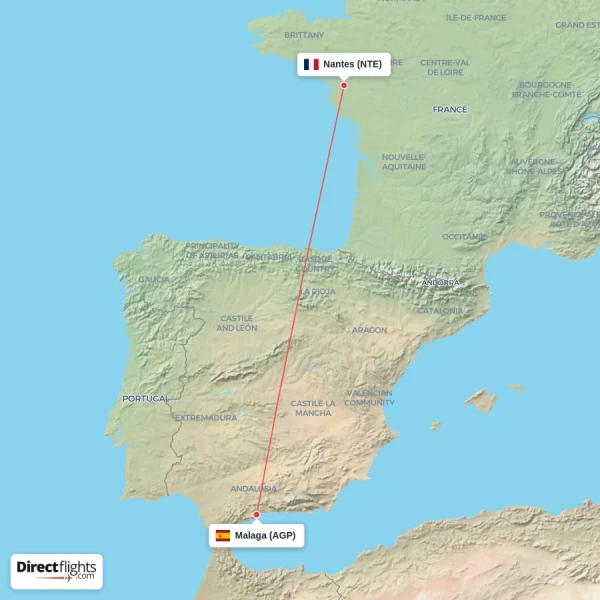 Nantes - Malaga direct flight map