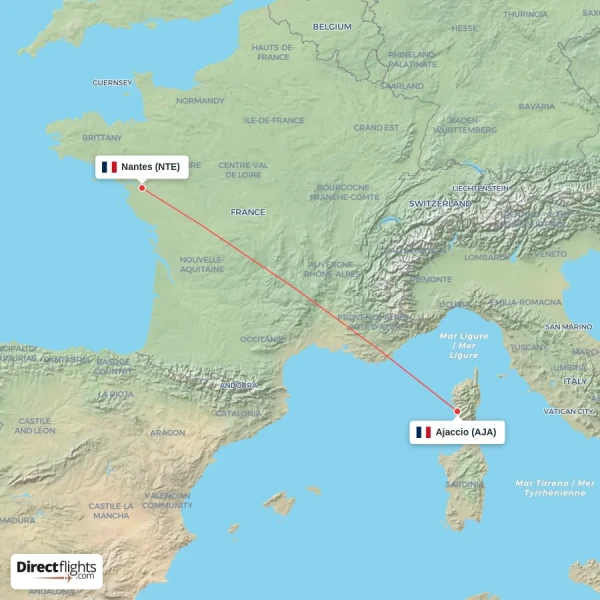 Nantes - Ajaccio direct flight map