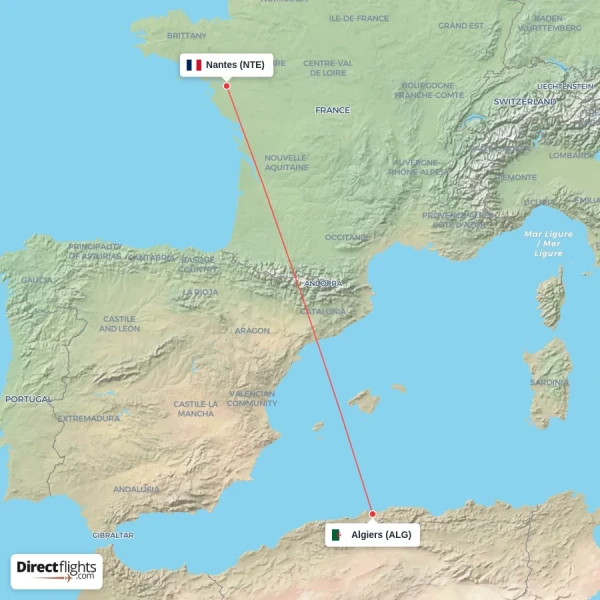 Nantes - Algiers direct flight map