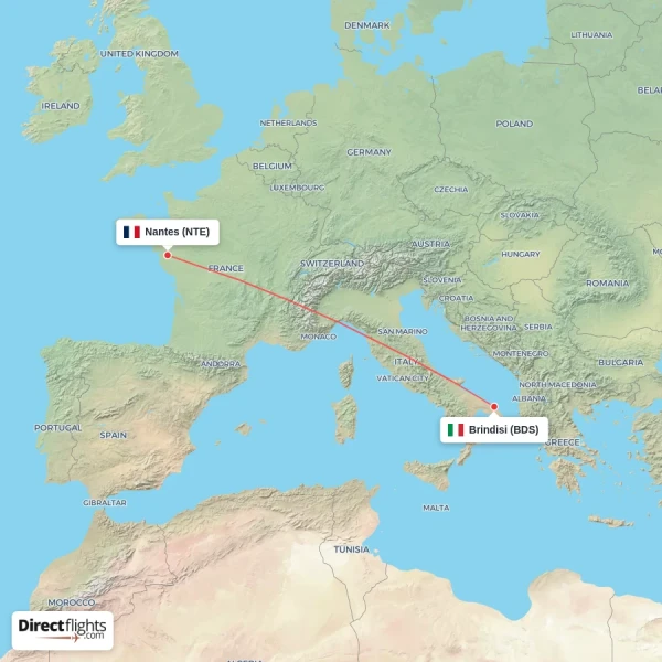 Nantes - Brindisi direct flight map