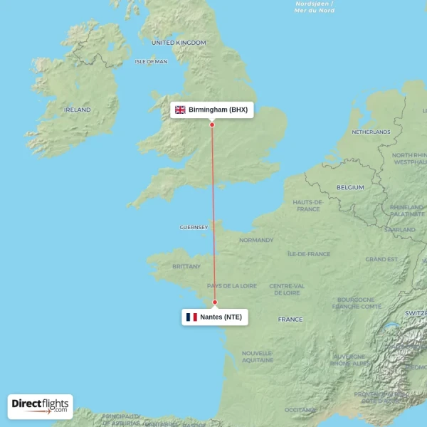 Nantes - Birmingham direct flight map