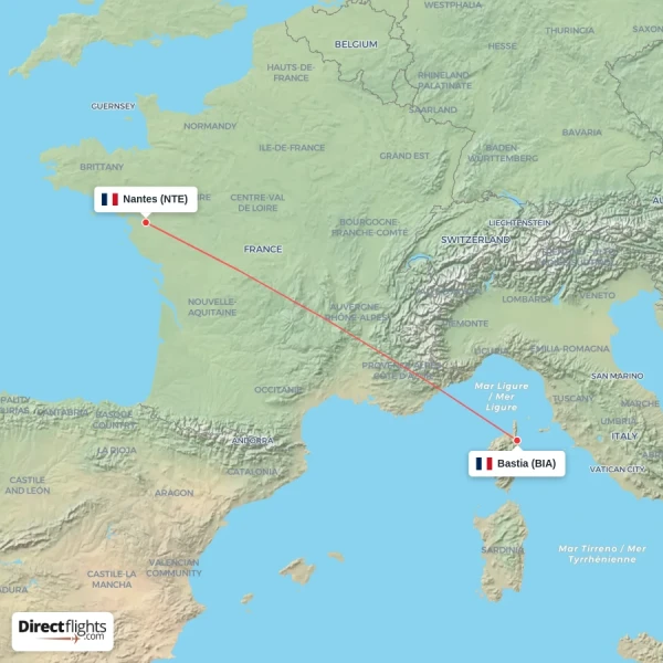 Nantes - Bastia direct flight map