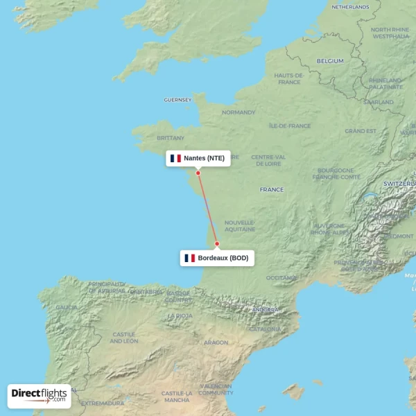 Nantes - Bordeaux direct flight map