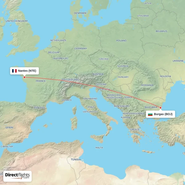 Nantes - Burgas direct flight map