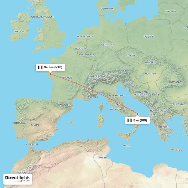 Nantes - Bari direct flight map