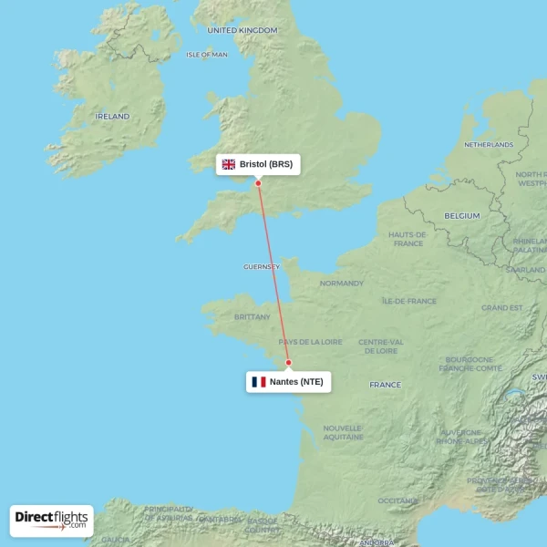 Nantes - Bristol direct flight map