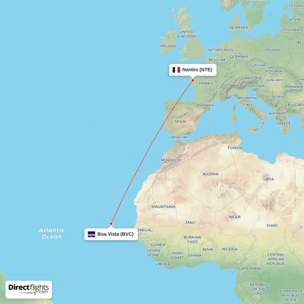 Nantes - Boa Vista direct flight map