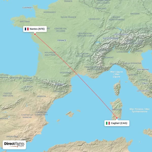 Nantes - Cagliari direct flight map