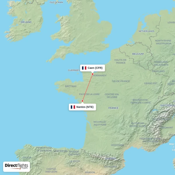 Nantes - Caen direct flight map
