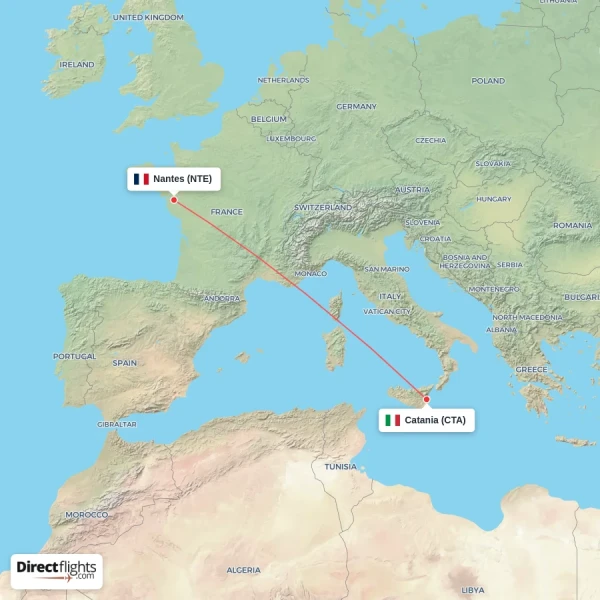 Nantes - Catania direct flight map