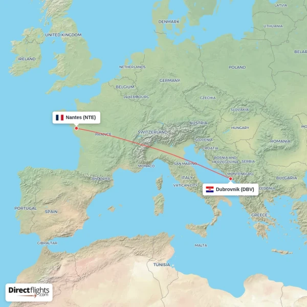 Nantes - Dubrovnik direct flight map