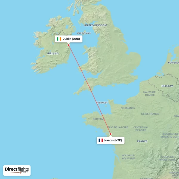 Nantes - Dublin direct flight map