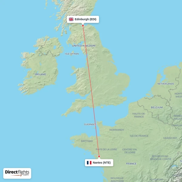 Nantes - Edinburgh direct flight map