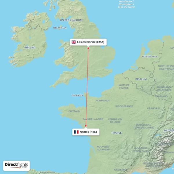 Nantes - Leicestershire direct flight map
