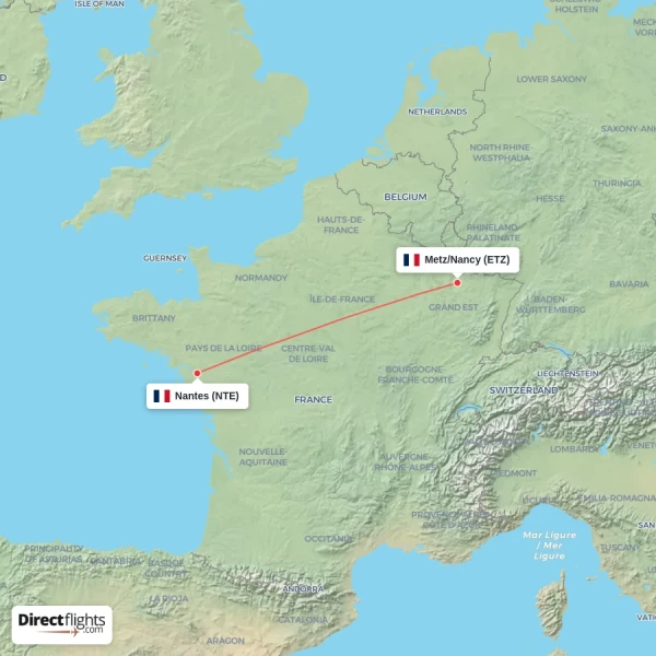 Nantes - Metz/Nancy direct flight map