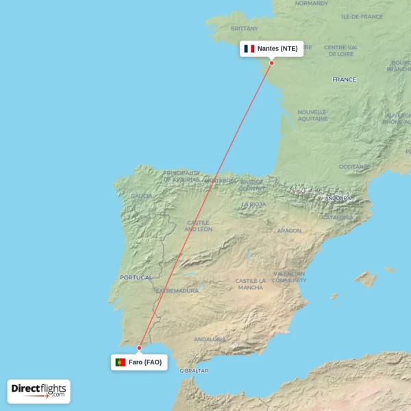 Nantes - Faro direct flight map