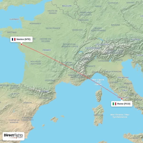 Nantes - Rome direct flight map