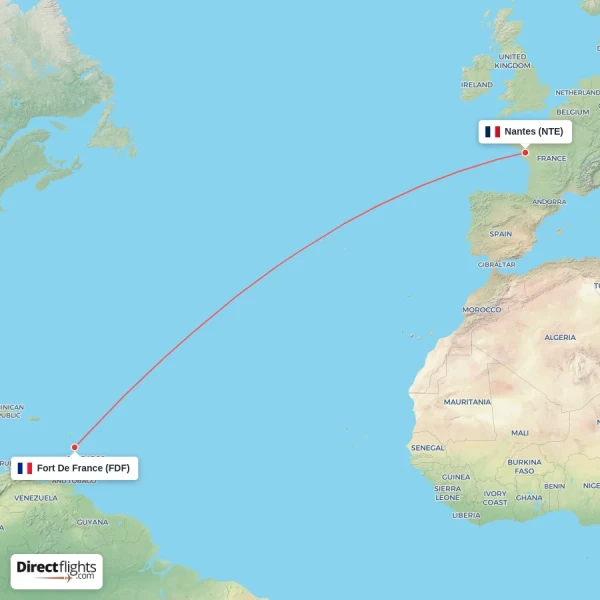 Nantes - Fort De France direct flight map