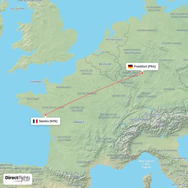 Nantes - Frankfurt direct flight map