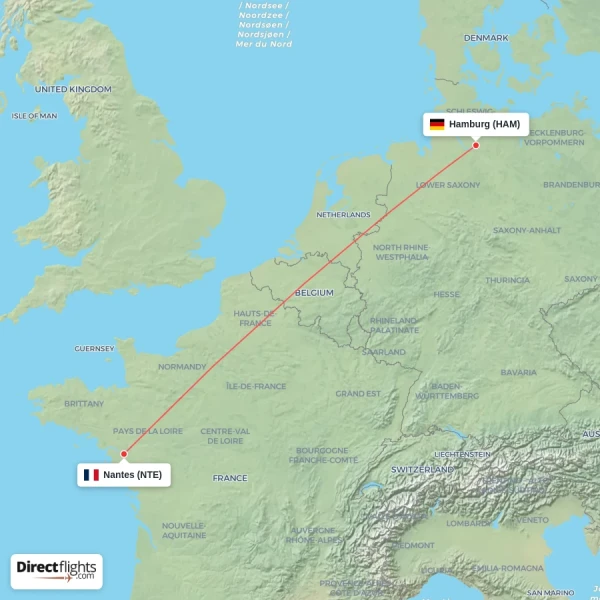 Nantes - Hamburg direct flight map