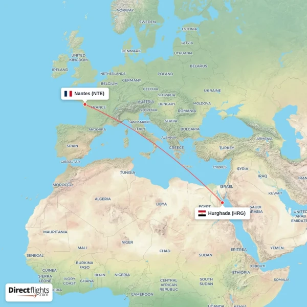 Nantes - Hurghada direct flight map