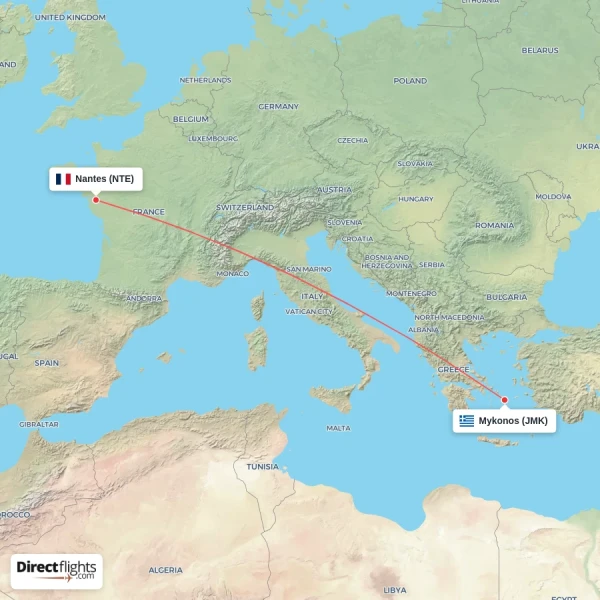 Nantes - Mykonos direct flight map