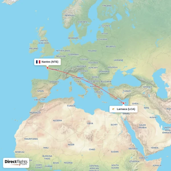 Nantes - Larnaca direct flight map