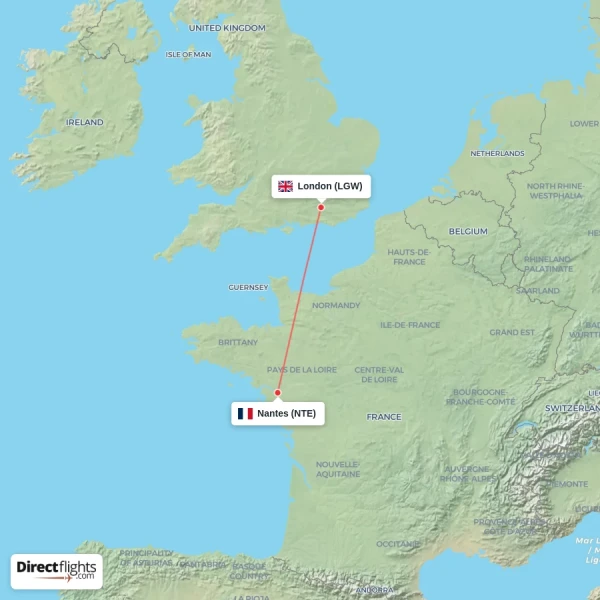 Nantes - London direct flight map