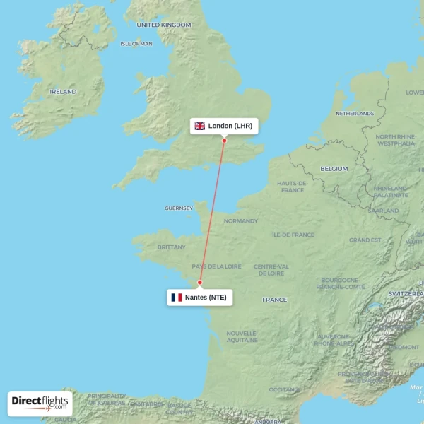 Nantes - London direct flight map