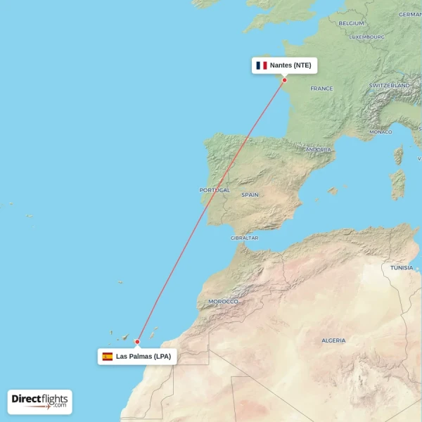 Nantes - Las Palmas direct flight map